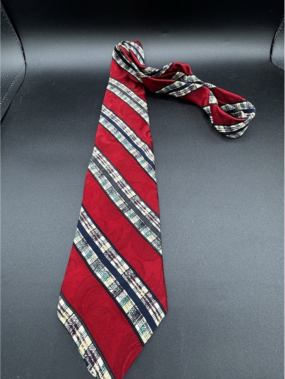 Vintage Sturbridge 100% Silk Tie Burgundy Red Plaid Stripe USA Made Extra Long